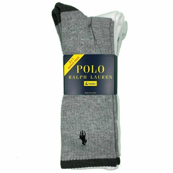 Polo Ralph Lauren Crew Soft Socks 4 Pairs Grey White Mens Sock 10-13 Shoe 6-12 - Picture 2 of 6